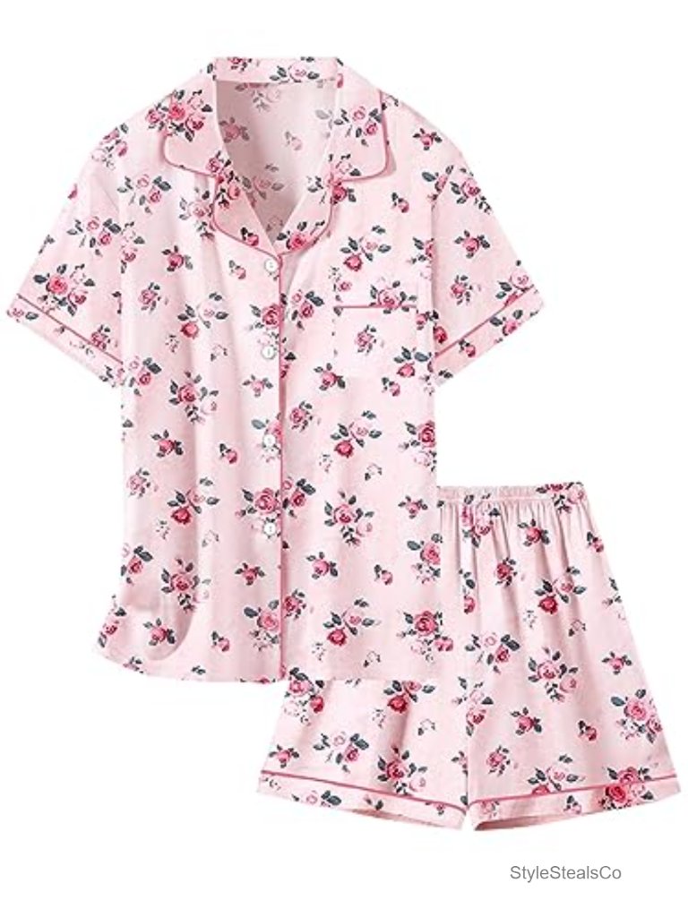Satin Pajamas Set, Silk Button-Down Sleepwear 2 Piece Nightwear
